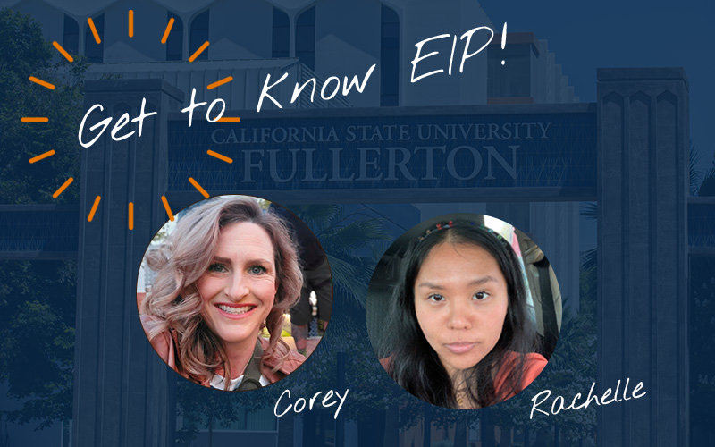 Headshots of two females, one with light brown curled hair and the other with black hair, atop a CSUF background