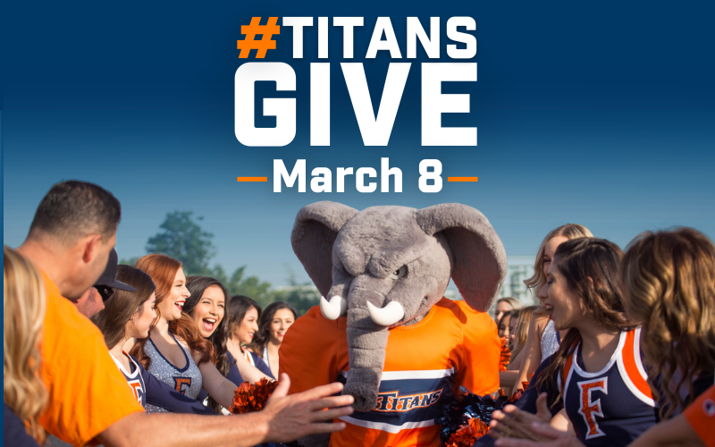 #TitansGive March 8 in text. Below is a photo of Tuffy running through a tunnel of cheerleaders and athletics students