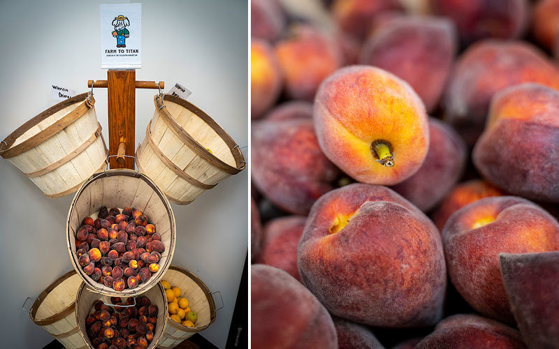 Left image showcases 6 wooden baskets that hold various fresh fruits from Fullerton Arboretum in ASI Food Pantry office. Right image shows a close-up of fresh fruit picked at the arboretum for students.