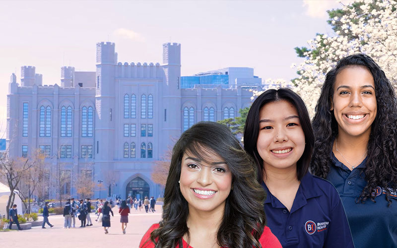 Three diverse female scholarship winners, all with dark hair, appear on the right side of the image. The backdrop is an international monument.