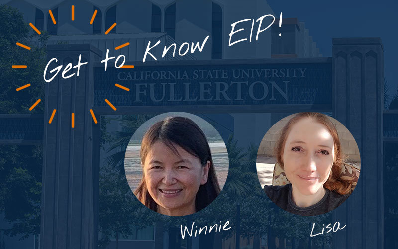 Two headshots highlighted in front of a CSUF arch background. First headshot is an Asian female with dark-colored hair. Second is a female with pulled back red hair.