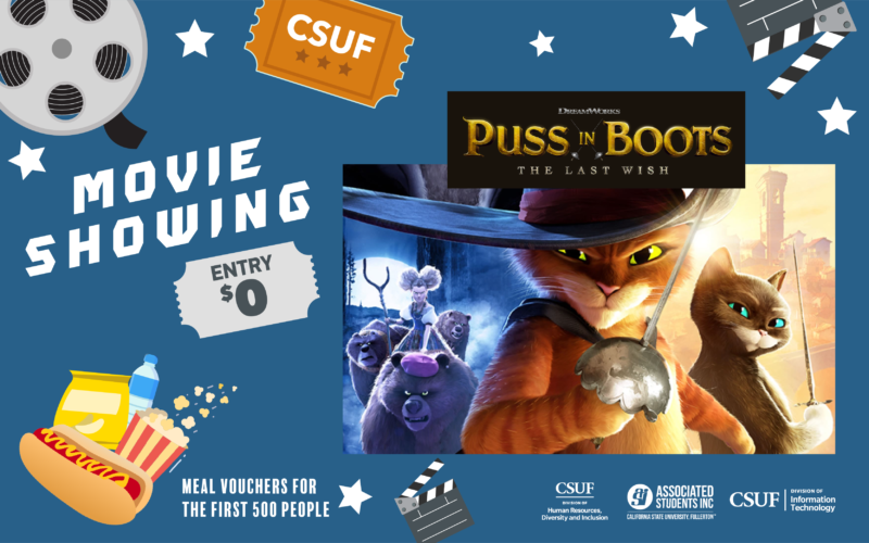 blue background with white text: CSUF Movie Showing with movie icons (ticket stub, movie reel, popcorn, hot dog, chips, water) with Dreamworks Puss in Boots: The Last Wish title and main photo consisting of main ginger cat with hat and sword, alongside a black cat with a sword, 3 evil looking bears and lady actress to the left