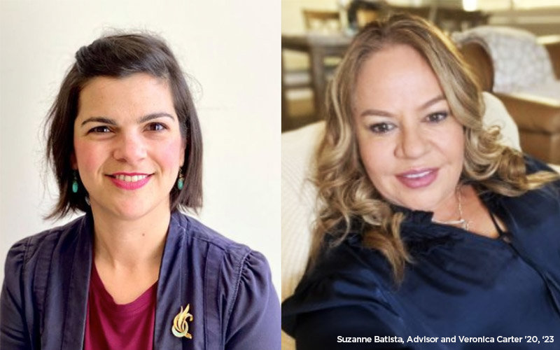 Split image with headshot of Suzanne Batista on the left, and Veronica Carter on the right. In the bottom right corner there is small white text that reads "Suzanne Batista, Advisor and Veronica Carter '20, '23