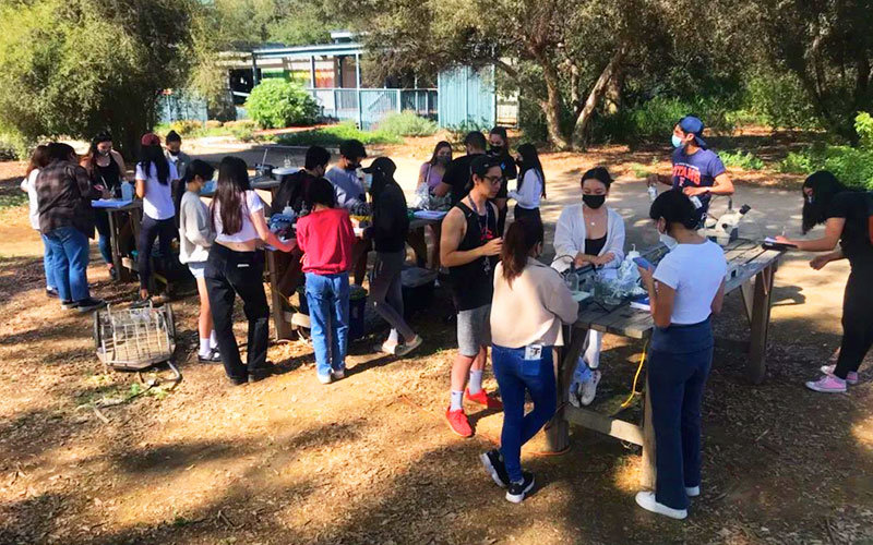 Twenty one diverse students working together outdoors on internships at tall tables