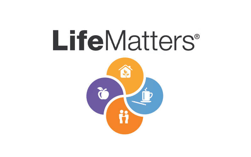 Life Matters Logo with apple, house, human and coffee.