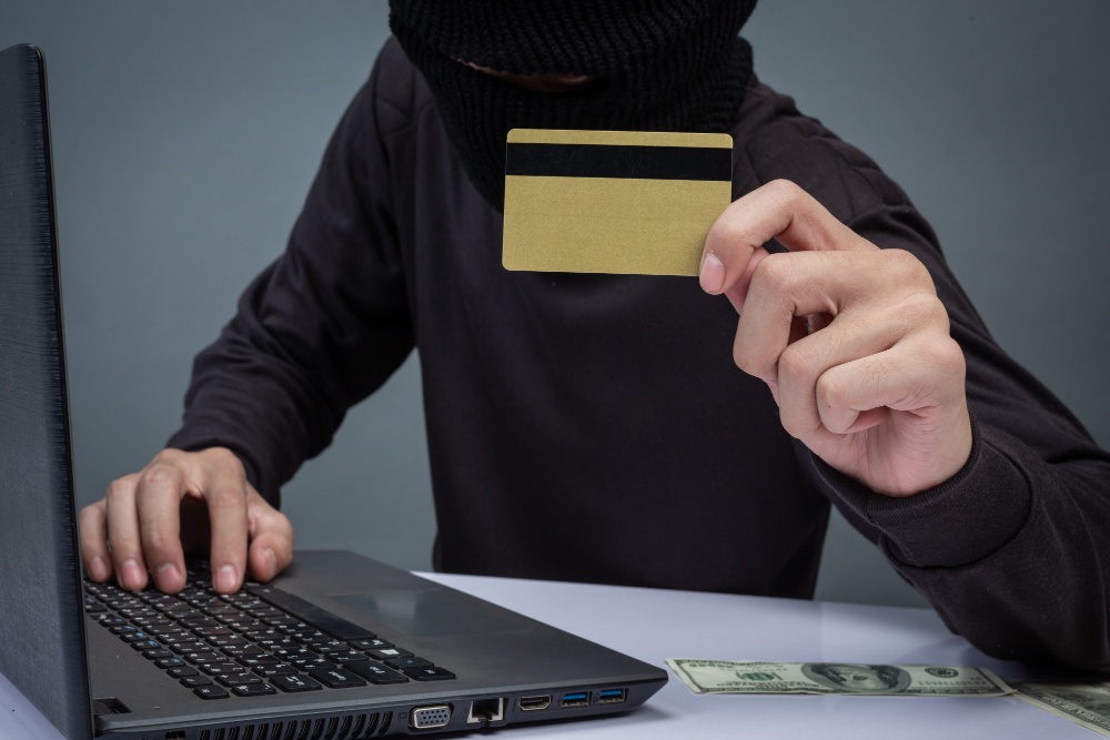 thief hold credit card using laptop