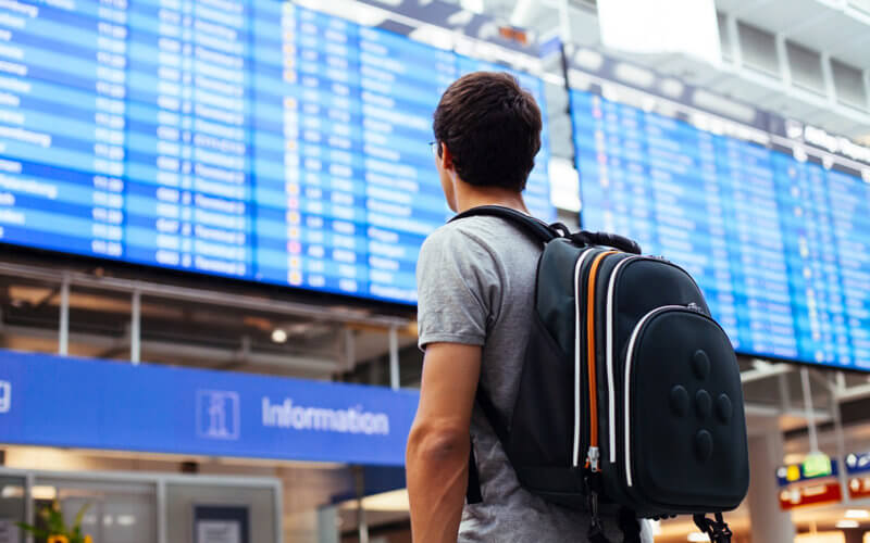 college students stands in front of airport flight departures board