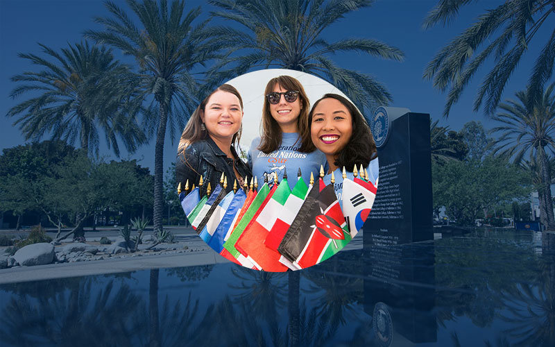 Circular image frame of three female students posing with several mini international flags. Behind the circular frame is a background image of the fountain and palm trees in front of Langsdorf Hall on the CSUF campus.