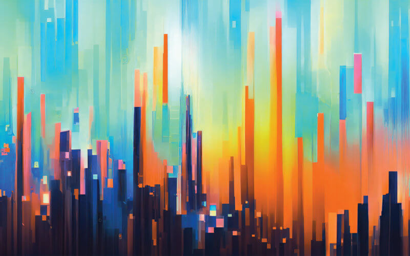 An abstract painting resembling a city in blue, oranages, and yellows.