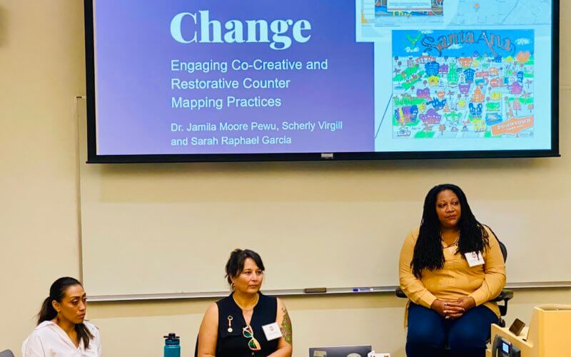 CSUF Faculty Scherly Virgill, Sarah Rafael Garcia & Dr. Jamila Moore Pewu on a panel at the Race, Ethnicity, and Place conference.
