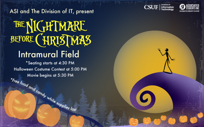 CSUF Movie showing. Thumbnail of Jack Skellington silhouette on a mountain overlooking a pumpkin patch at night.