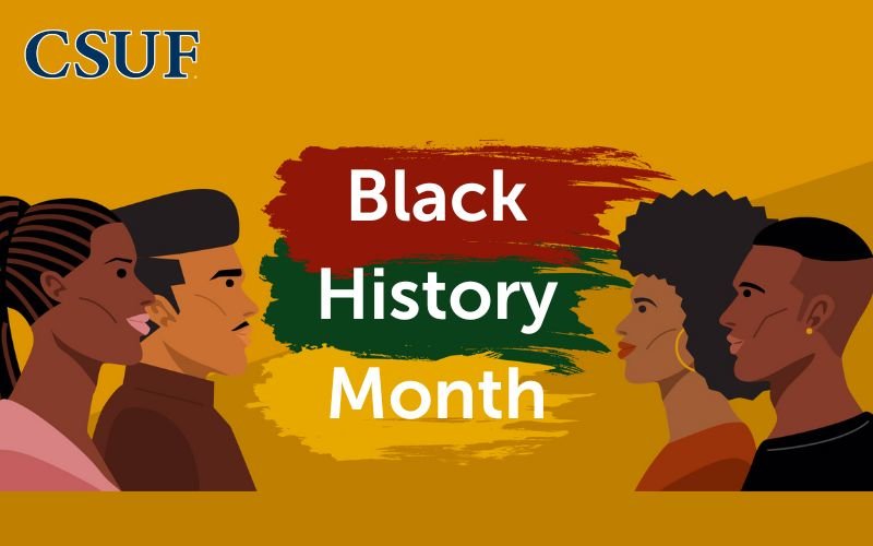 Decorative image featuring Black male and female animated people. CSUF Black History Month