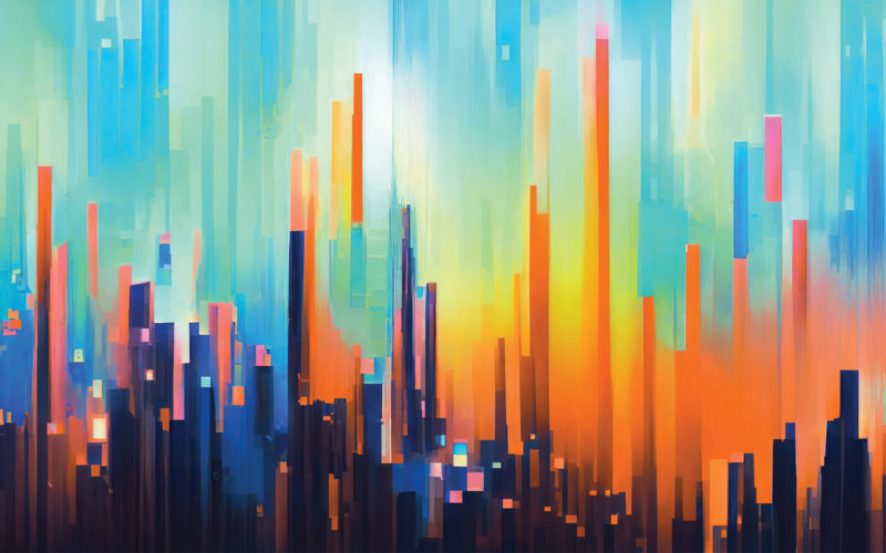 An abstract painting resembling a city in blue, oranages, and yellows.