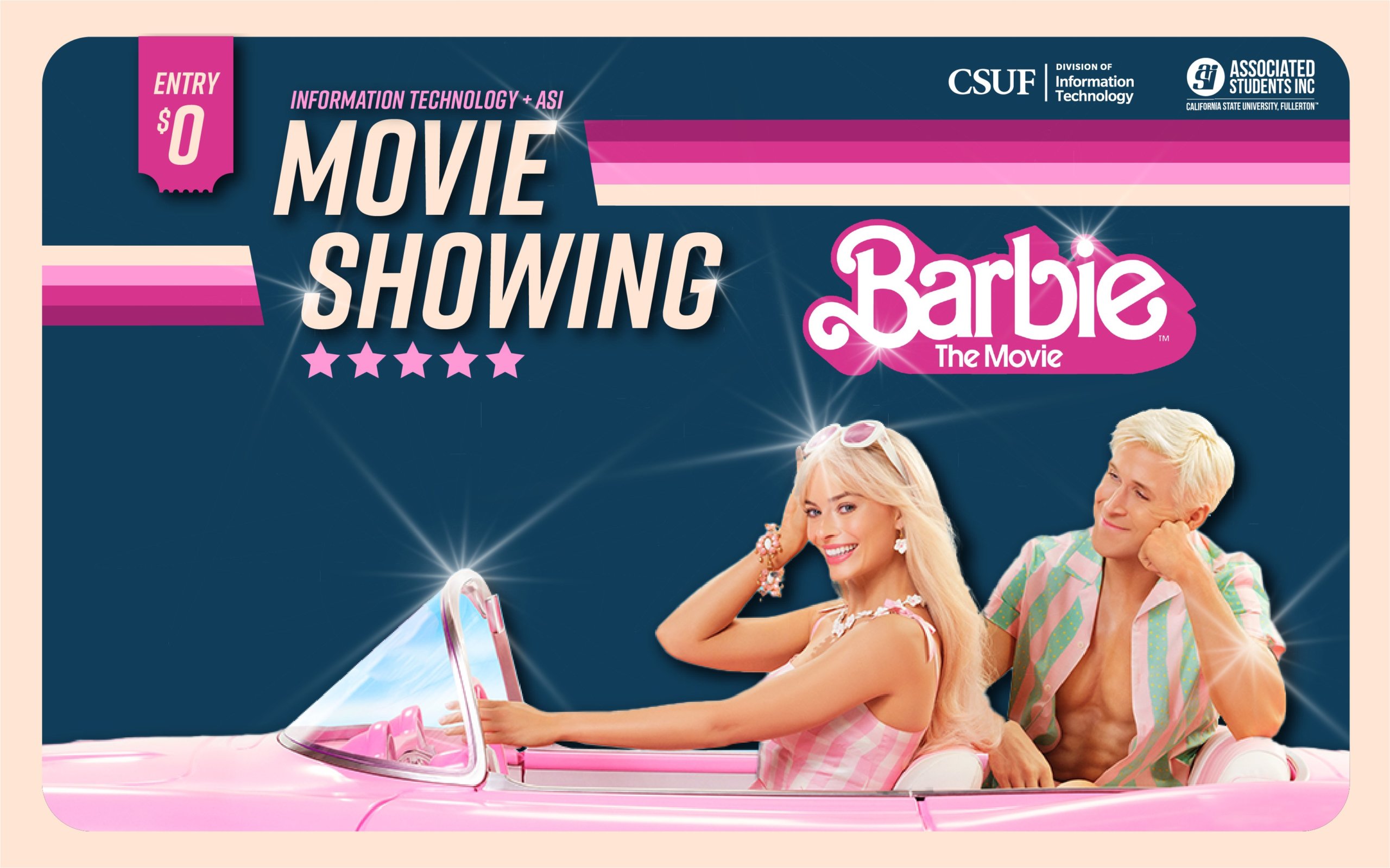 Barbie and Ken riding on a light pink vintage car