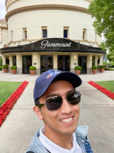 Mingyu Wu standing in front of Paramount Pictures