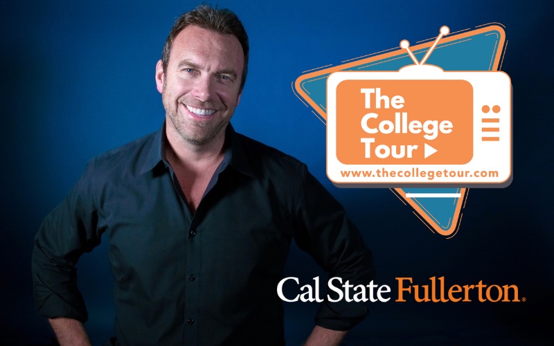 Advertisement of TV Show The College Tour with Image of Host and Logo of Show and University