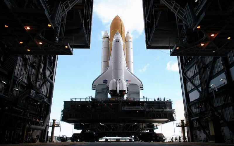 The Shuttle Discovery at NASA's Kennedy Space Center getting ready for launch to the International Space Station in 2008.