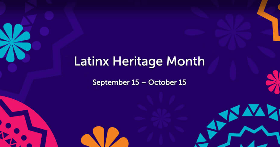 A purple flyer with flowers that reads, "Latinx Heritage Month September 15 - October 15"