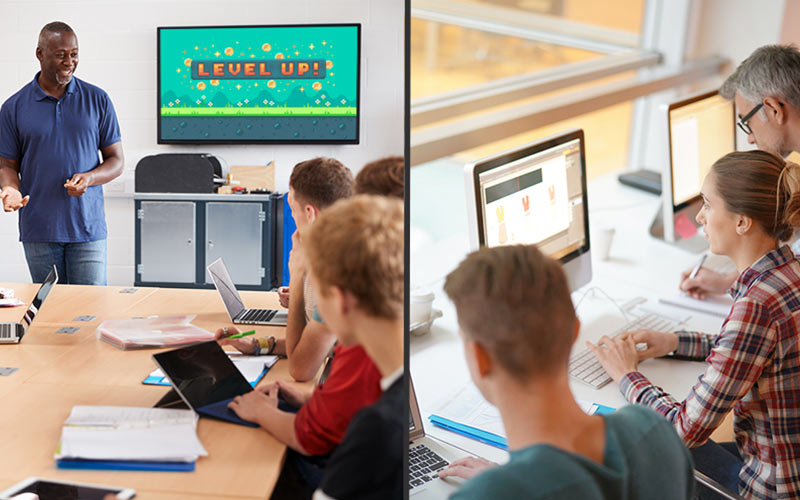 Split image. Left side: Male teacher interacting with students as they work on laptops. Right side: Male business professional conducting a training session with development specialists.