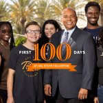 Group photo of Cal State Fullerton President and a diverse group of students standing outdoors in front of palm trees. Text on the image reads ‘First 100 Days at Cal State Fullerton’ in large orange letters.