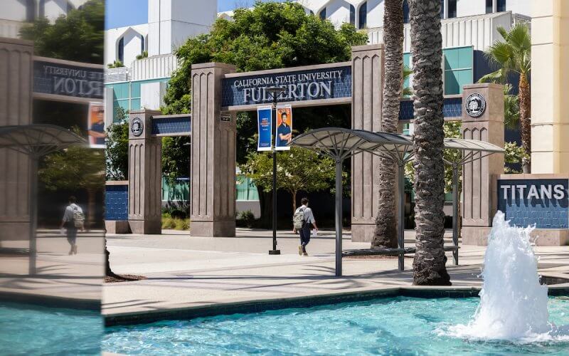 Campus scenes in summer by the Promenade Gateway.