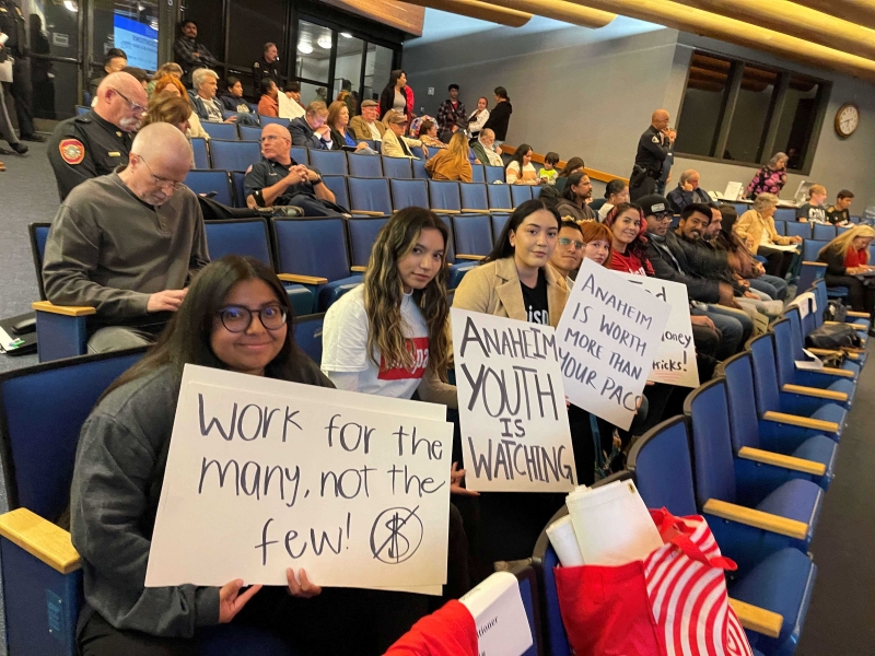 Chispa staff and volunteers, with CSUF Students Beatriz Muñoz, George Arciva, and Efren Guzman, advocate at Anaheim City Council meeting.