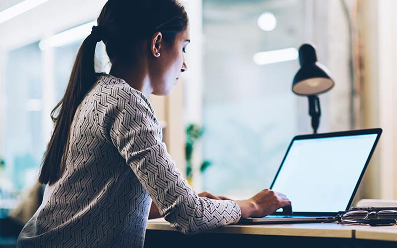 Woman sitting at a desk with a laptop.