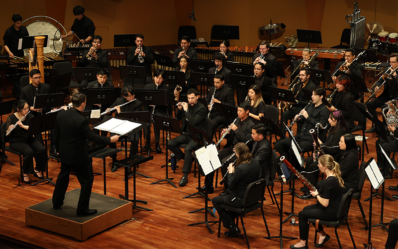 A conductor leads a wind ensemble.