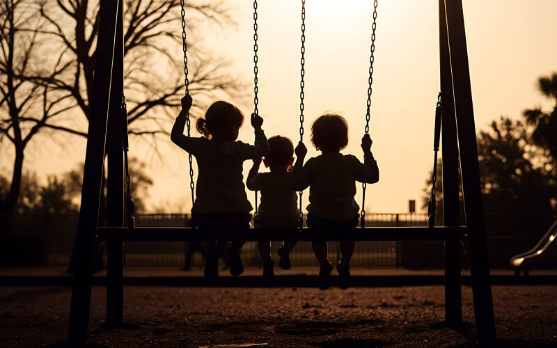 Silhouette of kids playing on a swing in a playground