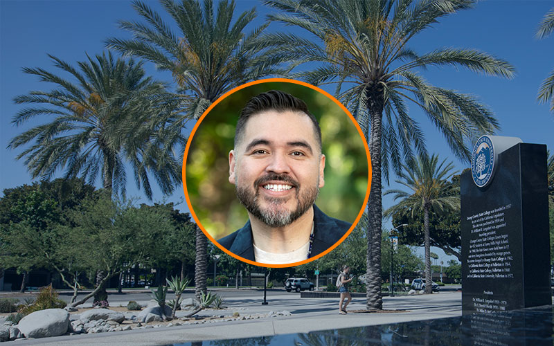 Circular image frame outlined in orange with a headshot of Christopher Orozco. Behind the frame is a background image of the CSUF campus.