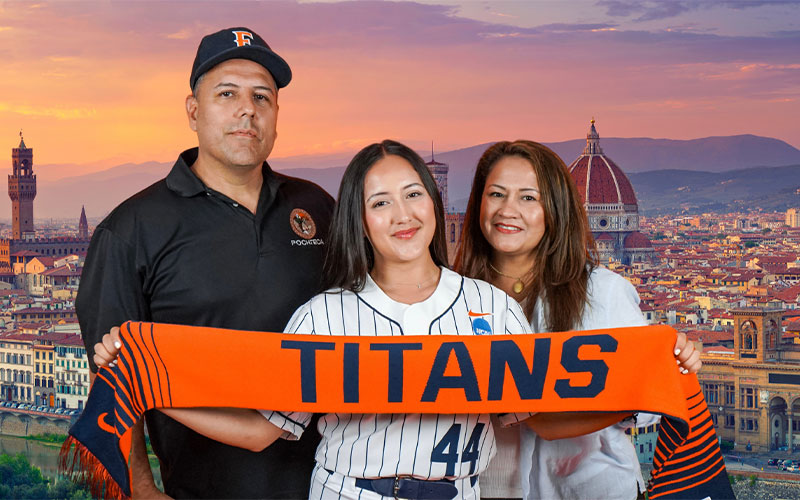 A photo of Paloma Villaneda in her softball uniform with her father and mother holding a TITANS sign, superimposed over an image of Florence, Italy at sunset.