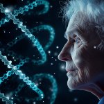 Profile of an elderly woman contemplating a glowing DNA strand,