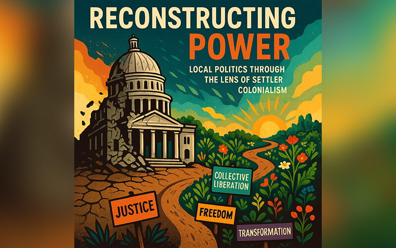 The podcast artwork for "Reconstructing Power: Interviews with marginalized voices in local government" features a drawing of a U.S. capitol building.