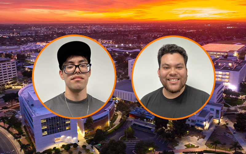 Two circular image frames, outlined in orange, with headshots of Bryan Morales and Tyler Leib. In the background is an aerial shot of the Cal State Fullerton campus at sunset.