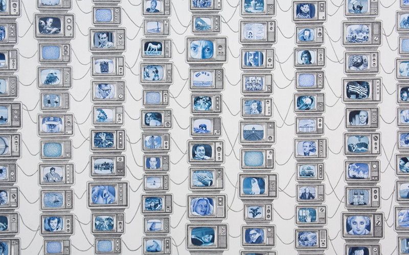 An art exhibition of vintage stacked televisions drawn with graphite on paper.