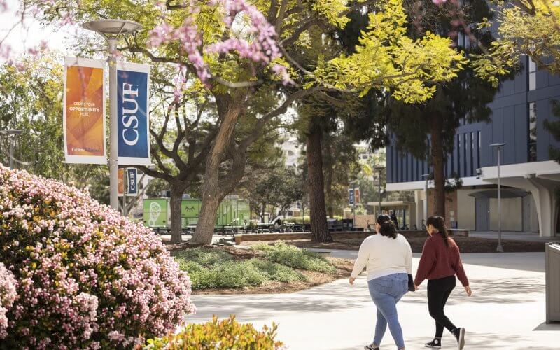 Students walking on pathway in front of the humanities building.