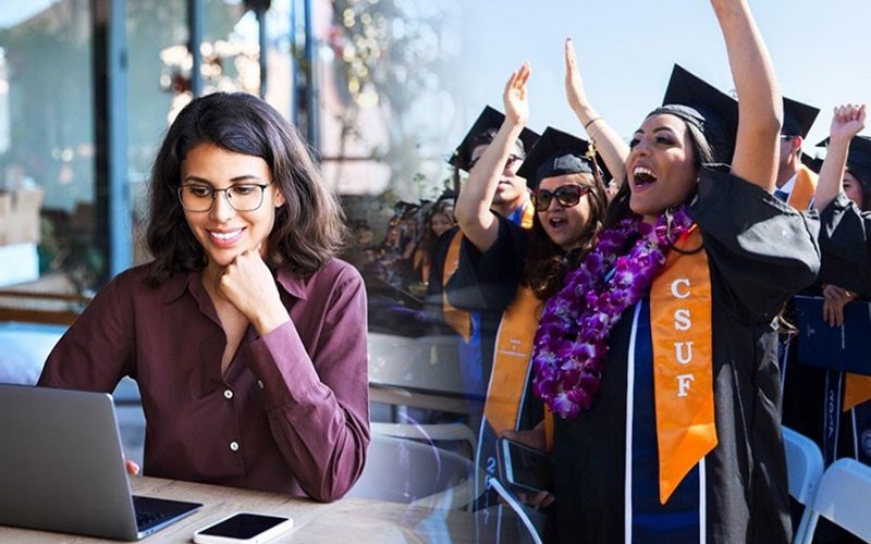 A student studying and graduates cheering