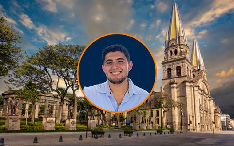 A portrait of CSUF student Arian Godinez inside of a circle atop an exterior image. The exterior image shows a university in Mexico.