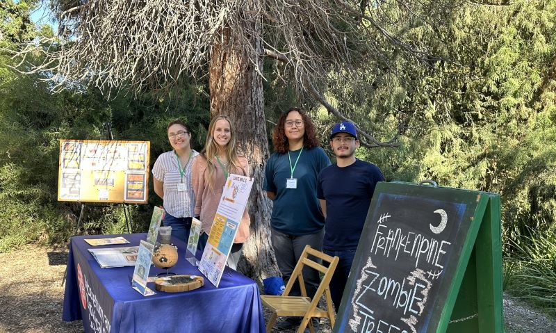 A group of four students stand behind a presentation table, surrounded by trees.