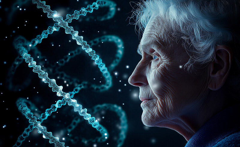 DNA strands and elderly woman