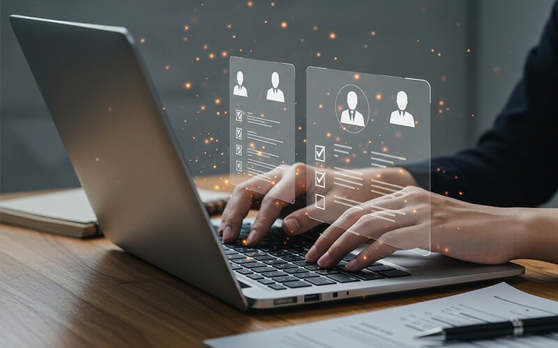 Hands typing on computer with AI illustrations above