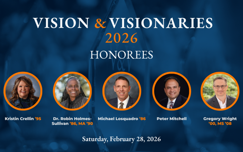 Headshots of 2026 Vision & Visionaries honorees: Kristin Crellin, Robin Holmes-Sullivan, Michael Losquadro, Peter Mitchell and Gregory Wright