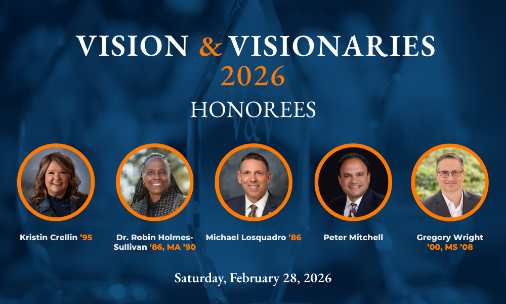 Headshots of 2026 Vision & Visionaries honorees: Kristin Crellin, Robin Holmes-Sullivan, Michael Losquadro, Peter Mitchell and Gregory Wright