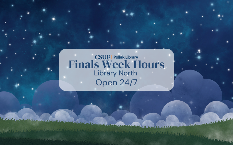 An illustration of the night sky that reads, "Finals Week Hours Library North Open 24/7"