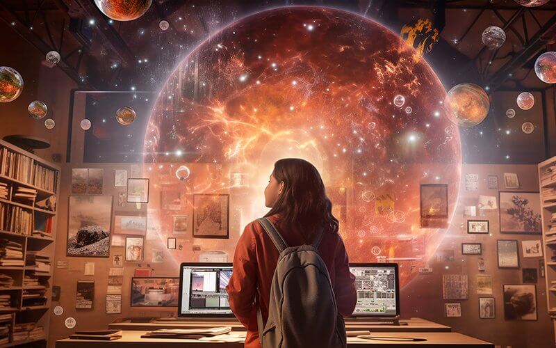 Ai Generated image of a classroom student and digital worlds