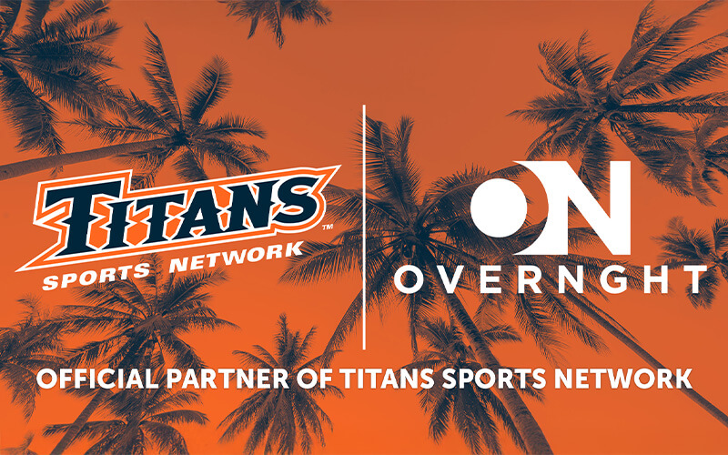 Graphic announcing Overnght as the official partner of Titans Sports Network, with both logos over an orange palm tree background.