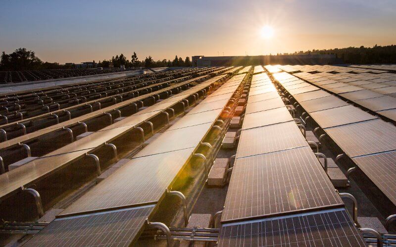 Sunset view of solar panels