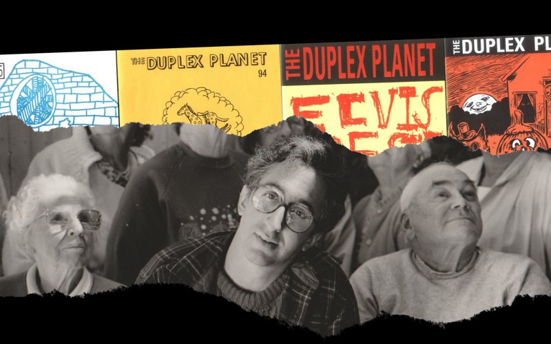 Black and white image of artist David Greenberger surrounded by senior citizens, with colorful images of the Duplex Planet magazine editions collaged above.