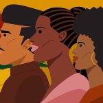 An illustration of four people looking to the left in front of a background that is red, green and yellow.