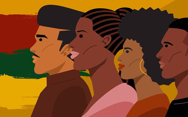 An illustration of four people looking to the left in front of a background that is red, green and yellow.